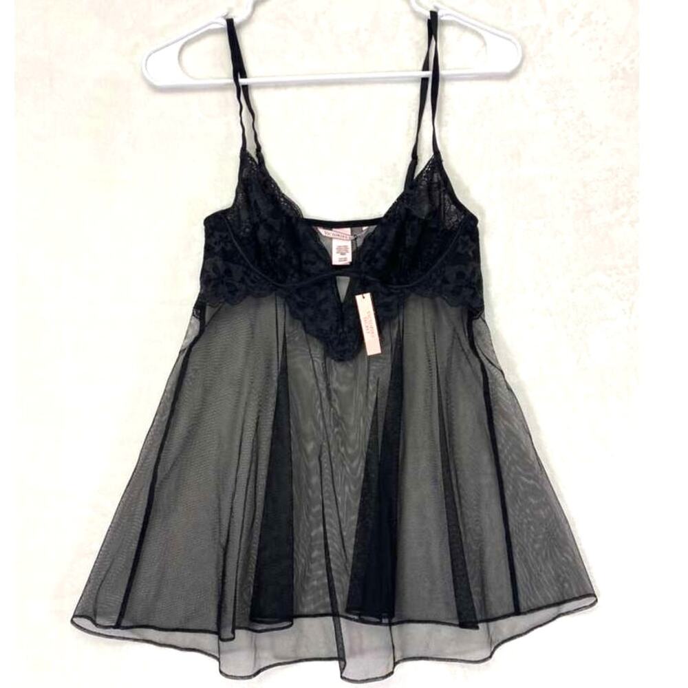 Victoria's Secret Black Lingerie Babydoll with lace and sheer tulle Sz S